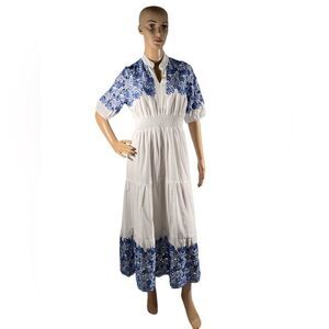 Dress NAOO Women’s Size S White Blue Sleeve Embroidery 100% Cotton Maxi Dress